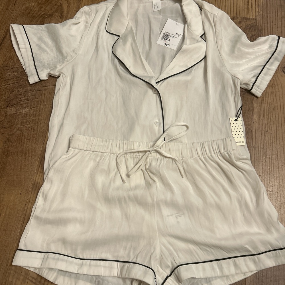 Forever 21 White Pajama Set with Black Trim